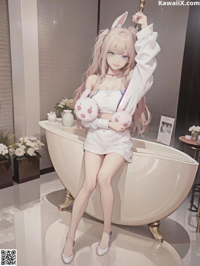 A woman sitting in a bathtub holding a stuffed animal.