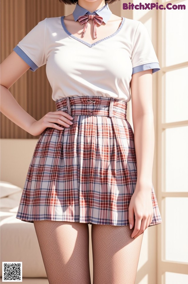 a woman in a white shirt and plaid skirt posing for a picture