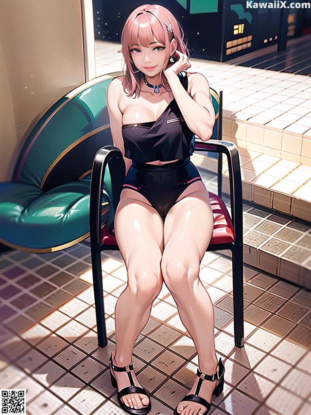 A woman sitting on a chair talking on a cell phone.
