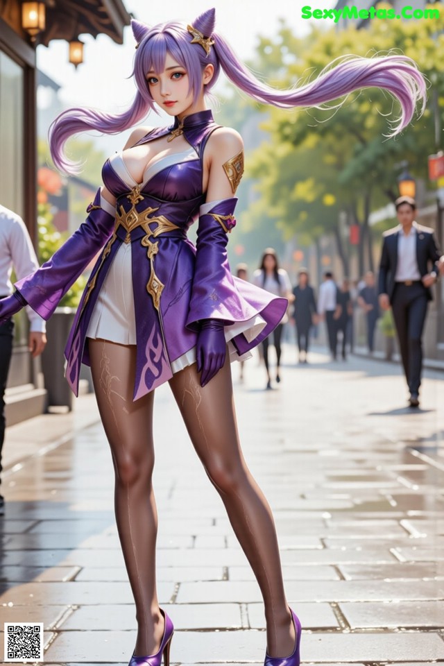 A woman in a purple outfit is walking down the street.